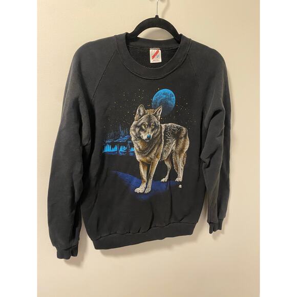 Vintage 1987 Wolf “In The Night Moon" Black Crewneck Sweatshirt-Size L - Picture 2 of 6